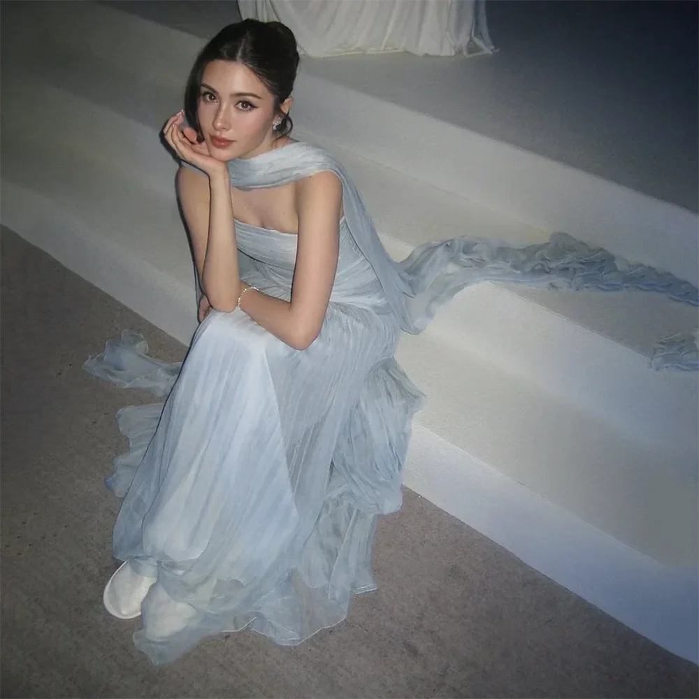 

Simple Pale Blue Tulle A-line Floor Length Prom Gowns Women's Strapless Sleeveless Evening Dress with Ribbon Party Dress