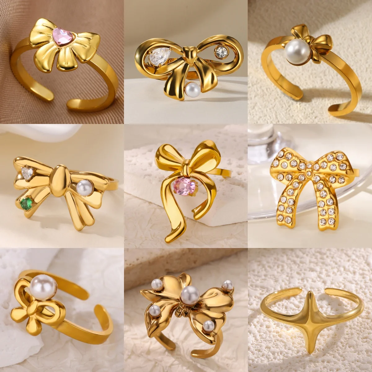 Süße Zirkonia-Imitationsperlen-Schleifenringe für Damen, vergoldeter Edelstahlring, Unisex, zarter Schmuckring, Geschenk