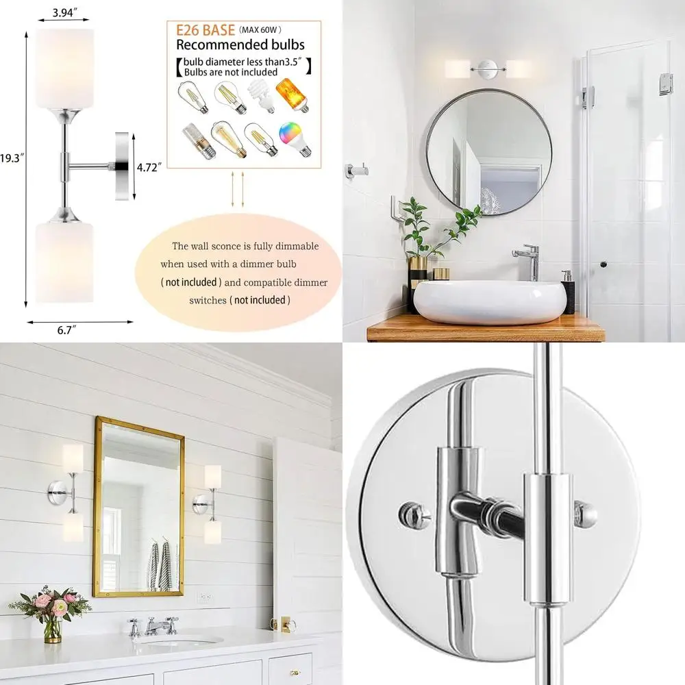 

Mid-Century Modern Chrome Wall Sconce with White Glass Shades for Bathroom, Bedroom, and Living Room