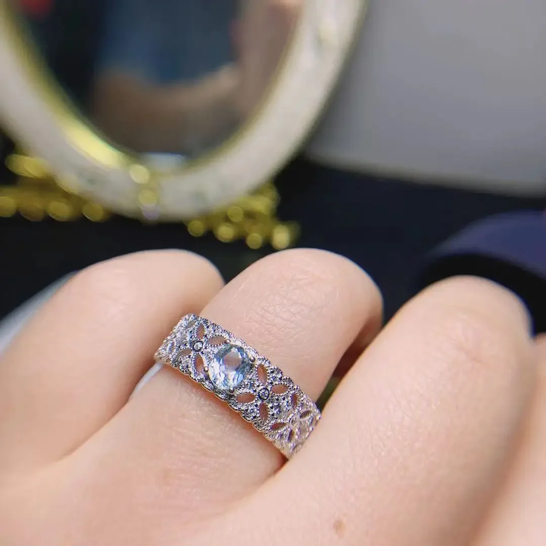 

Vintage Silver Gemstone Ring for Party 4mm*5mm Natural Aquamarine Ring Solid 925 Silver Aquamarine Jewelry