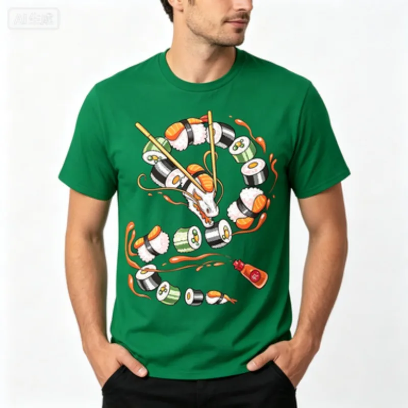 Unisex  T‑shirt, Dragon‑shaped Sushi Chopsticks Soy Sauce Graphic Print Casual Short‑sleeve Street‑wear Tops For Men Women