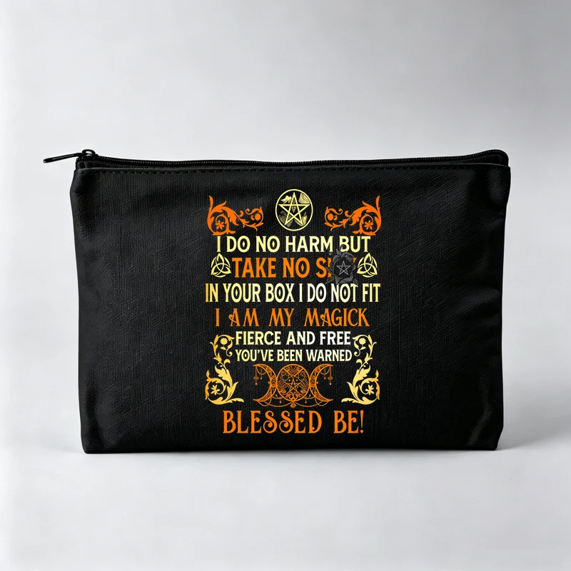 Slogan Style Graphic Makeup Bag with Mystical Symbols, Zipper Cosmetic Pouch for Daily Use