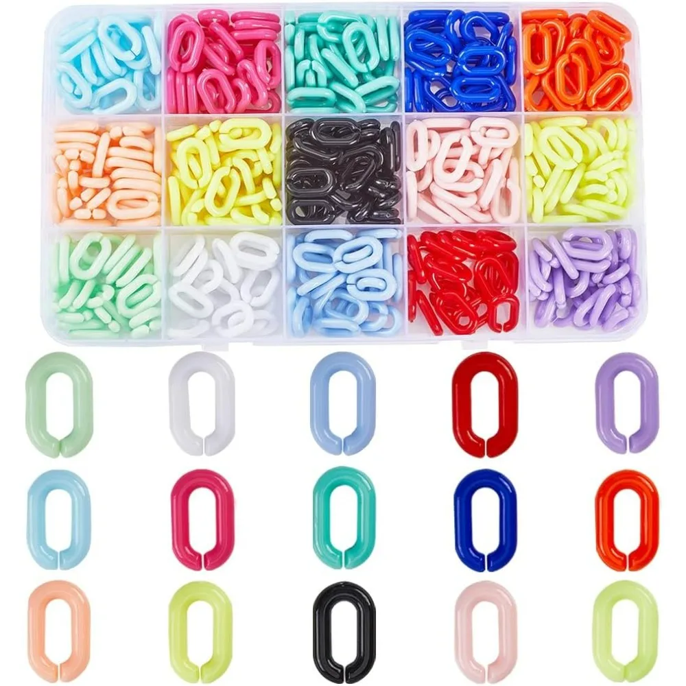 

420 шт., 15 цветов, акриловые звенья, цепочки, ювелирные изделия, соединительные кольца, непрозрачные радужные красочные овальные кабельные бордюры, открытые крючки-зажимы, быстрая ссылка