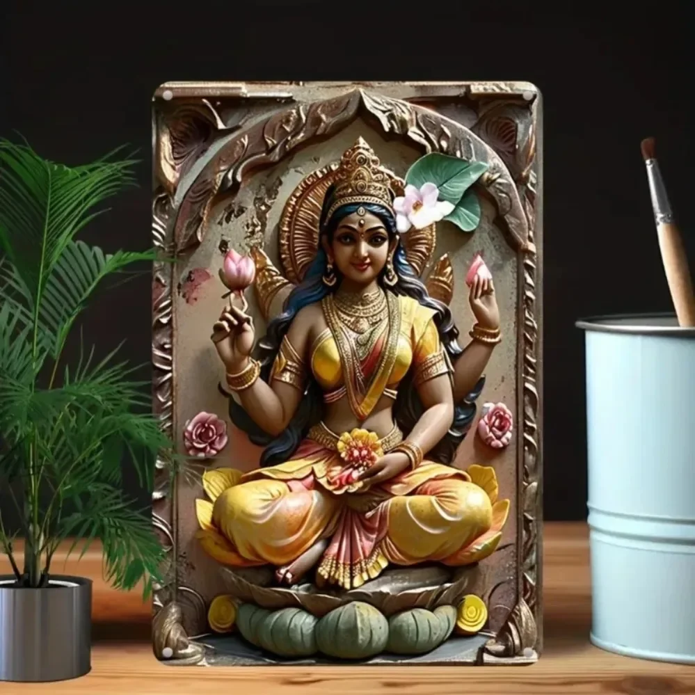 فن دائري من الألومنيوم من Goddess Lakshmi، طباعة عالية الدقة بالأشعة فوق البنفسجية لديكور الحائط للهندوسية للمهرجانات المنزلية