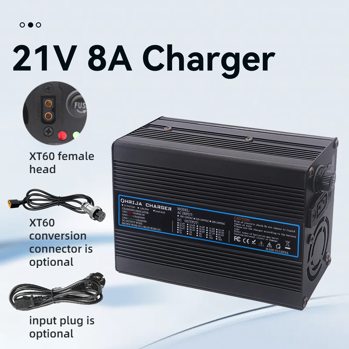 

21V 8A Lithium charger quick aluminum shell suitable 5S 18.5V & Interchangeable Connector Fast stabilization with cooling fan