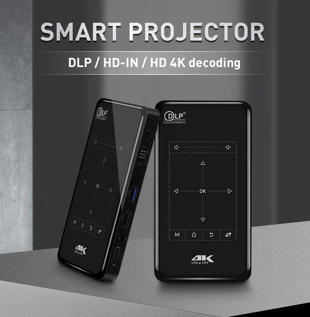 Mini projetor portátil com espelhamento DLP, P09-II, Android 9, 1G, 8G, HD-MI Entrada, 3D, filme 4K