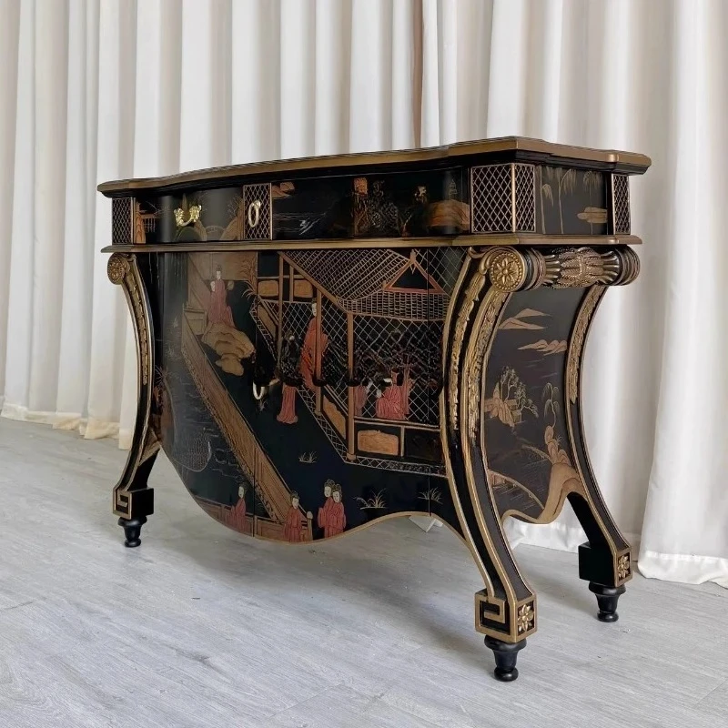 

Средневековый входной шкаф, обеденный боковой шкаф из массива дерева, ручная роспись, фойе, шкаф для хранения виллы, черный европейский стиль