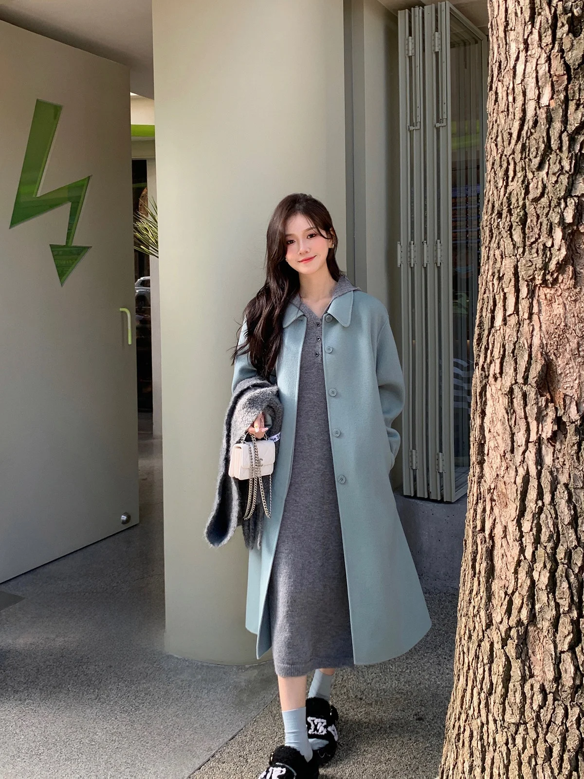 

Double-Sided Woolen Coat Korean Sle Mid-Length Women's Blue Hebenchic Winter Jaet DbyDoi Commute Pure Color Long Sve