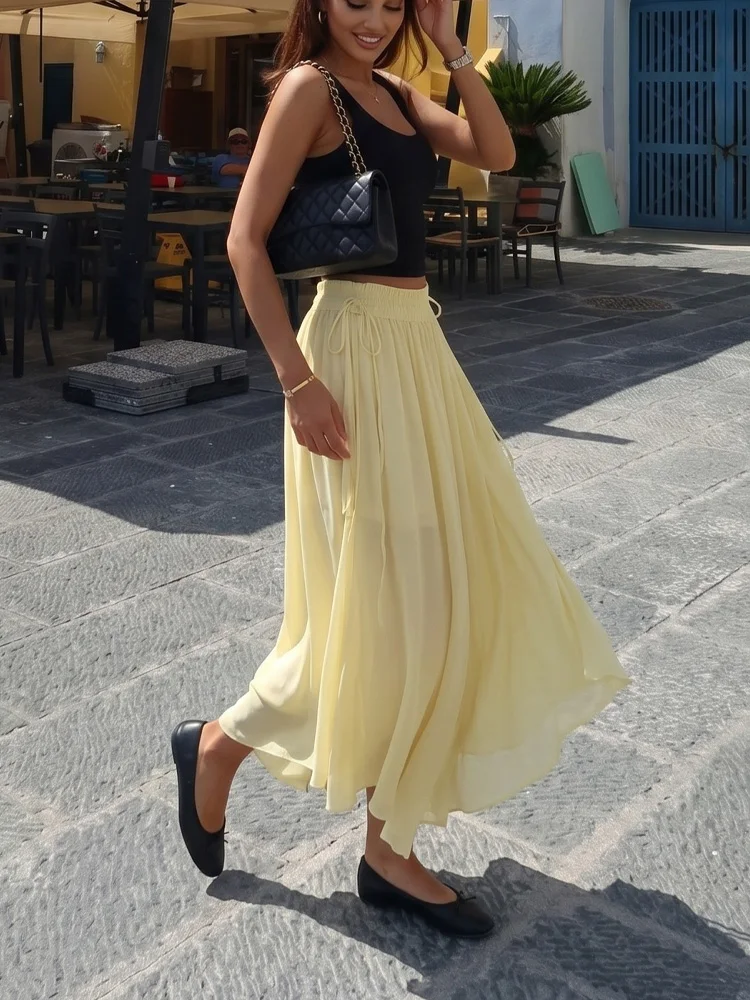HH Women Elegant Light Yellow Long Skirt Fashion Drawstring Waist Tie Bow Skirt 2026 New Summer Casual Graduation Season Wear