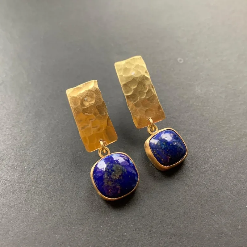 Ethnic Square Dark Blue Stone Drop Earrings Vintage Bohemian Gold Color Metal Die-casting Pattern Dangle Earrings for Women