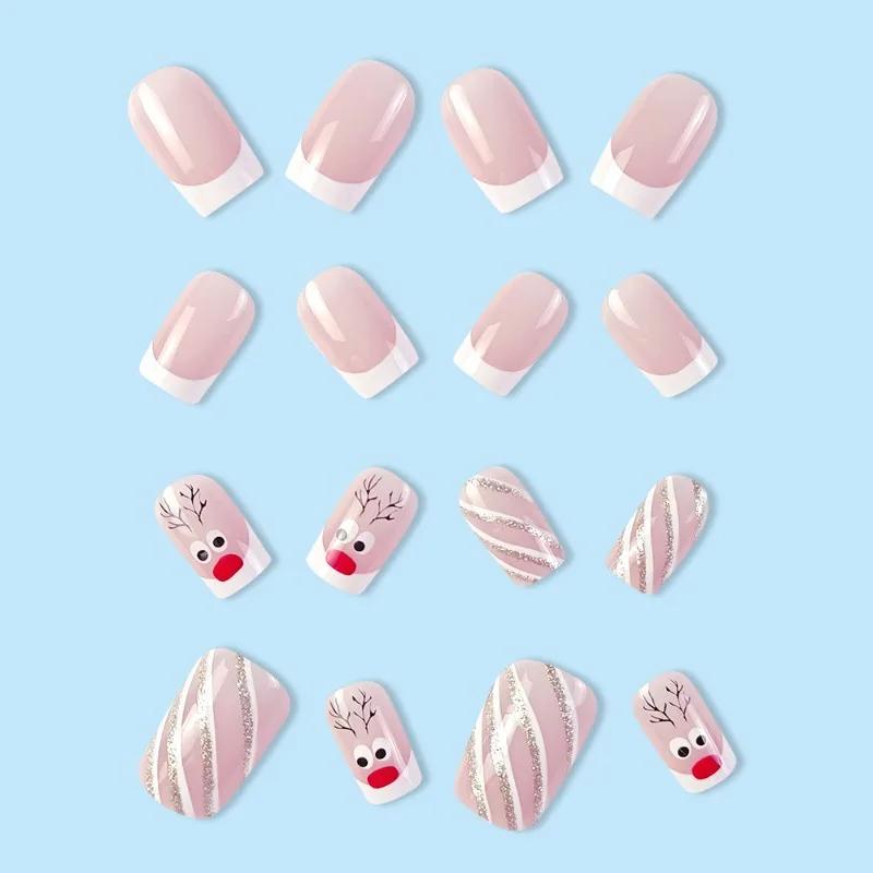 24pcs White French Fake Nails Set Christmas Elk Short Medium Square Cheap Nail Press on Girls Cute Stick-on Nails Nail Art Sweet