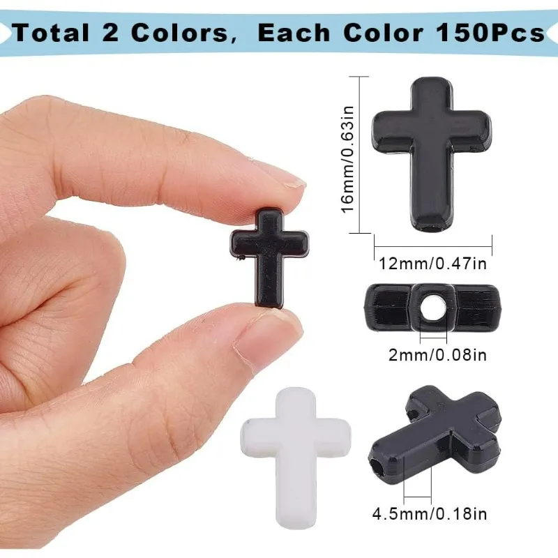 300Pcs Black Cross Beads White Acrylic Crosses Small Plastic Cross Beads Bulk Mini Tiny Cross Bead Charms Crucifix Loose Spacer