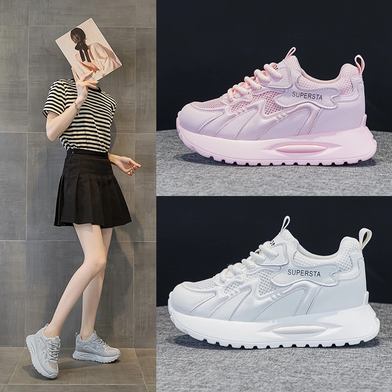 

Women'S Platform Chunky Sneakers Lace Up Design With Sport Tag Detail Two Tone Black And White White And Beige Colors Thick Sole