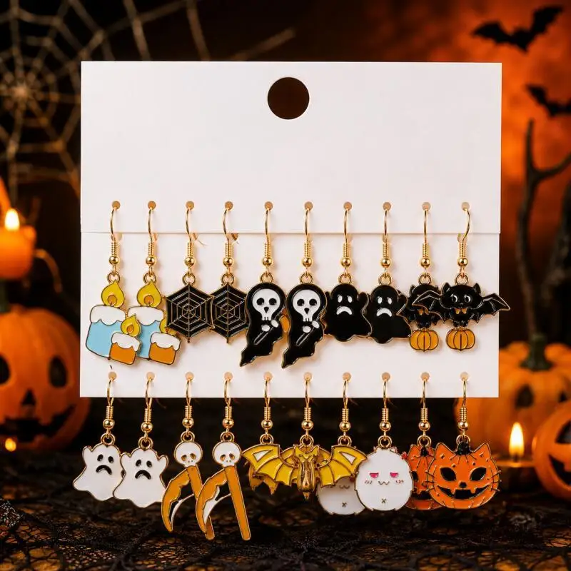 10 Pairs Halloween Earrings Set, Ghost Pumpkin Bat Spiderweb Candle Dangle Earrings for Party Costume Gift