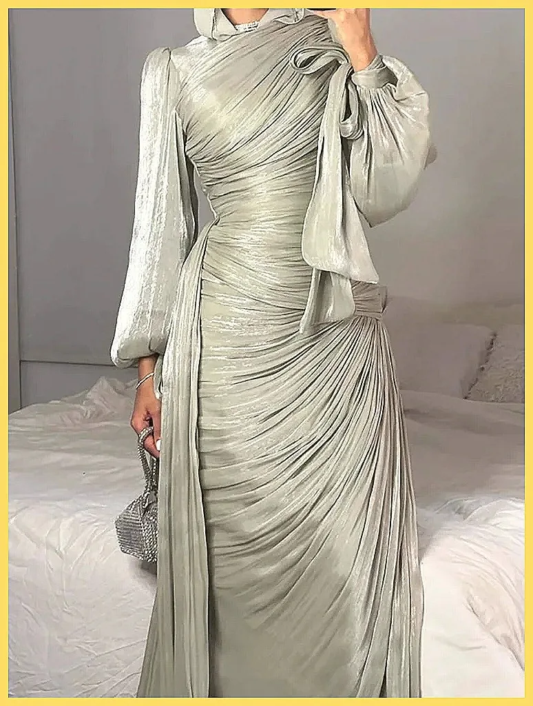 Elegant Pleated Maxi Dress for Women, High Waist Long Sleeve Evening Gown for Party Banquet