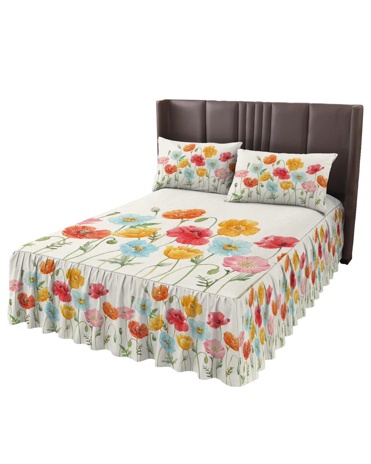 Watercolor Poppy Flower Bed Skirt Elastic Fitted Bedspread With Pillowcases Bed Protector Mattress Cover Bedding Set Bed Sheet