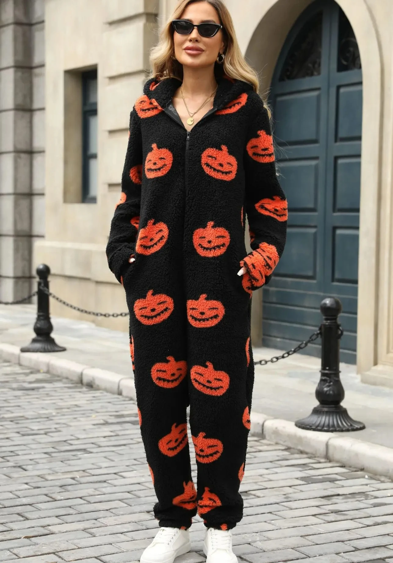 

Осень-зима женский флисовый теплый комбинезон Хэллоуин с принтом на молнии свободные пушистые удобные мягкие повседневные брюки