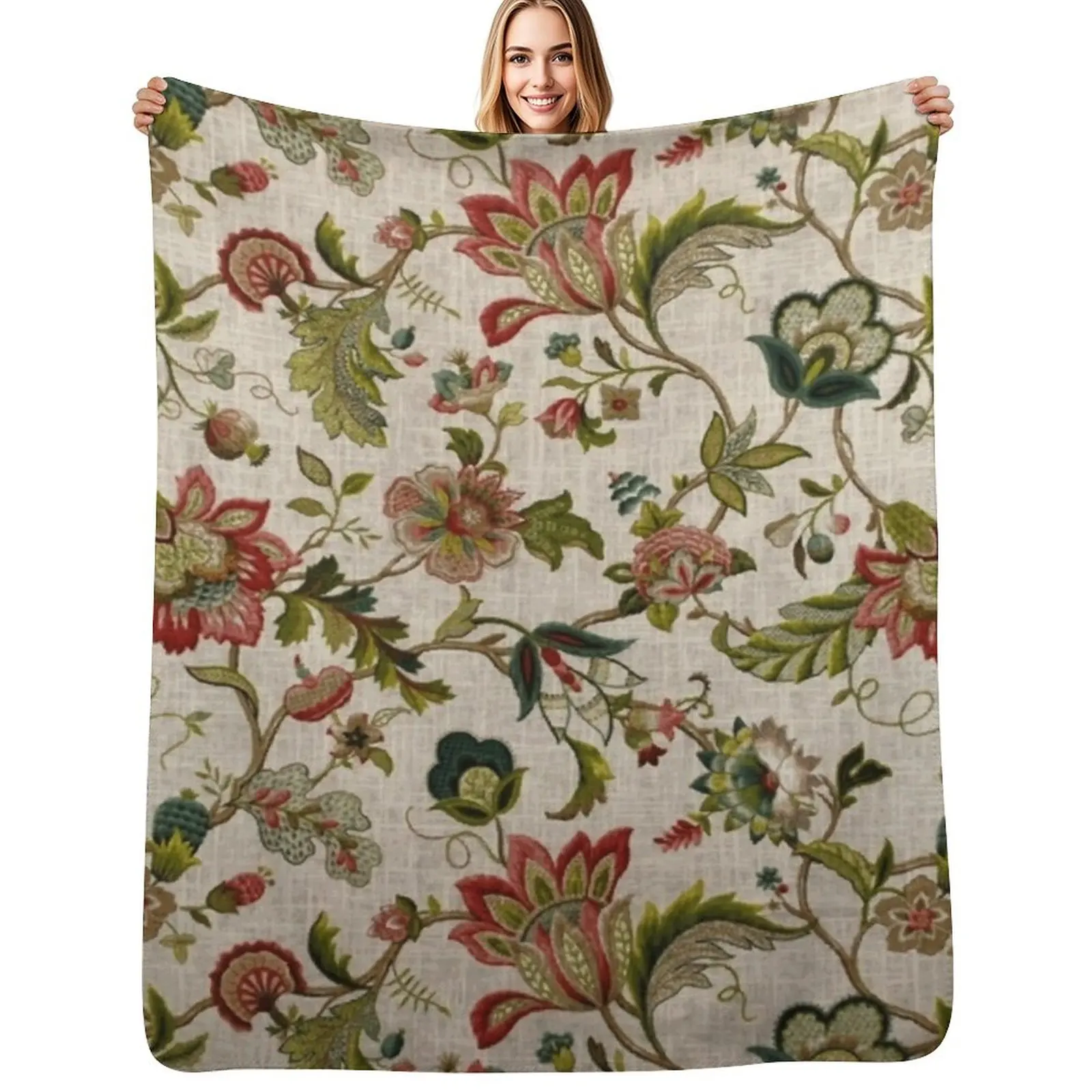 

Red Green Jacobean Floral Embroidery Pattern Throw Blanket Versatile Cozy Throw Blanket for All Occasions
