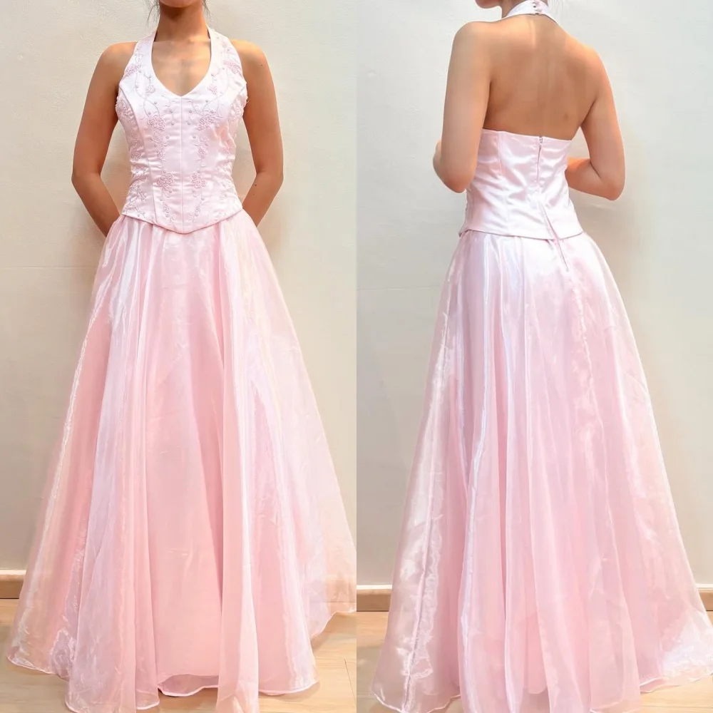 

Customized High Quality Elegant Organza Ruched Pleat A-line Halter Long Dresses Bespoke Occasion Dresses Sizes Available Classic