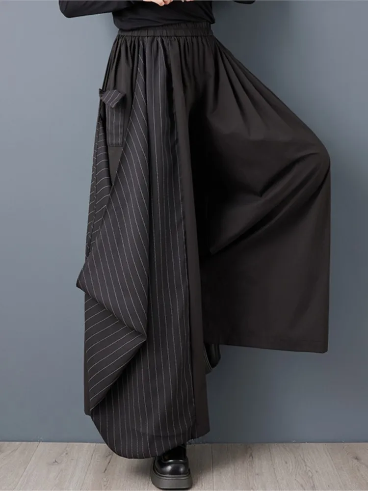 กางเกงขายาวทรงหลวมพิมพ์ลายทางสไตล์แฟชั่นสำหรับผู้หญิง  ผ้าผสม  ใส่สบาย  เอวยางยืด  ขากว้าง  เหมาะสำหรับฤดูใบไม้ผลิและฤดูใบไม้ร่วง