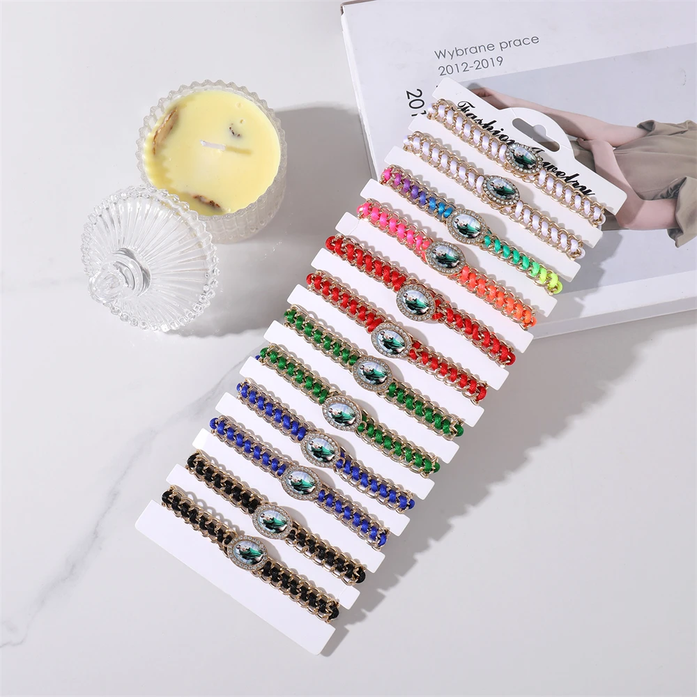 12 Pieces Colorful Aluminium Chain San Judas Virgin Mary San Benedict Medal Handmade Braid String Bracelet As A Gift For Prayer