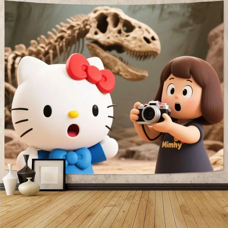

1PC Sanrio Hello Kitty Mimhy Dinosaur Skeleton Tapestry, Cute Kawaii Cartoon Girl Photography Wall Art Decor for Kids Room Gift