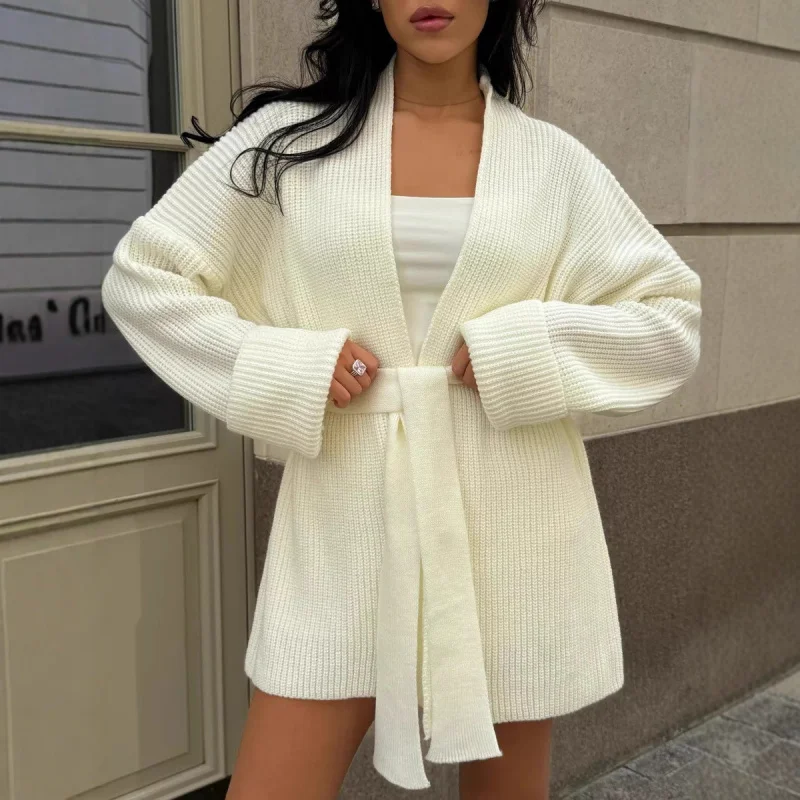 

Однотонный вязаный свитер средней длины в европейском и американском стиле для женщин, осенне-зимнее кимоно с поясом, вязаный кардиган C