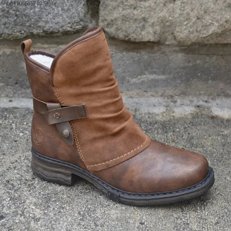2026 Women American Round Toe Retro Chunky Heel Short Cosplay Ankle Shoes Motorcycle Style Warm Plus Velvet Lined Winter Snow