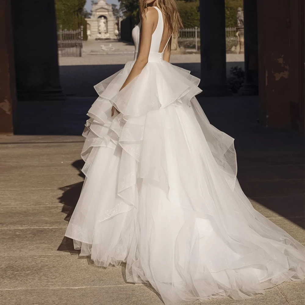 

Customized A Line Wedding Dresses Wide Strap Sleeveless Deep V Neck Bridal Grown Tired Open Back Zipper Vestido de novia 2025