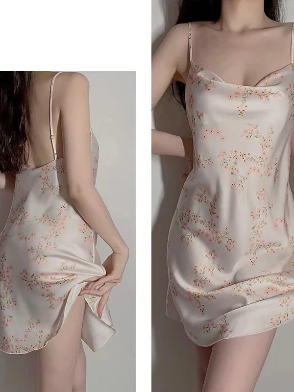 

Милое летнее ледяное шелковое платье с цветочным принтом Sp Dr на тонких бретелях V-Ne, домашняя одежда для отдыха для женщин больших размеров, платье средней длины