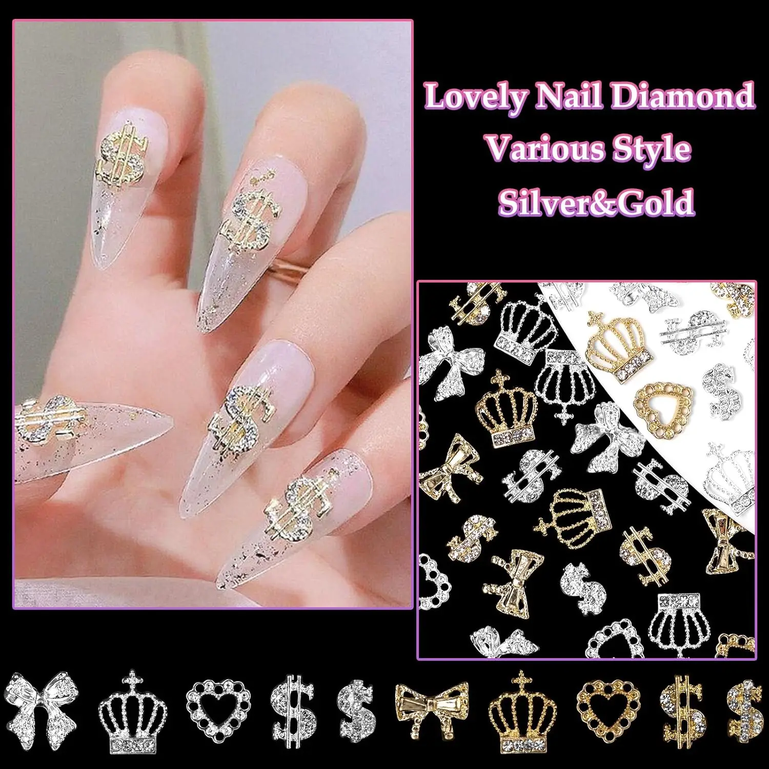 Encantos de unhas metálicas para mulheres, gemas, coroa dólar, diamantes, Bowknots mistos, strass coração, Nail Art Supplies, 70pcs