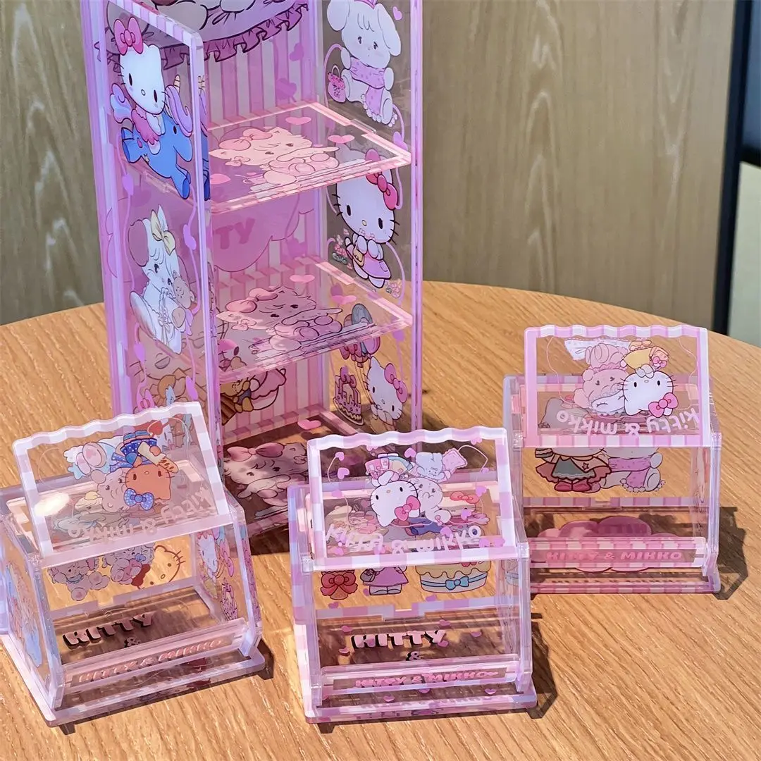 Nueva caja de almacenamiento acrílica Kawaii Mikko & HelloKitty, caja de lentes de contacto de dibujos animados de Anime, joyero, estante de escritorio, regalos para niñas, juguetes