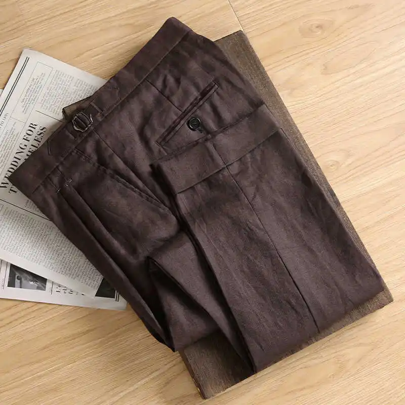 

High Waist Linen Men's Pants Summer Breathable Commuter Trousers Neapolitan Style Business Casual Straight Leg Trousers