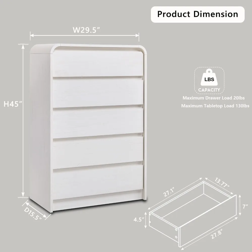 Cômoda moderna para quarto, cômodas e cômodas com design de perfil curvo, cômoda vertical de madeira de meados do século com natural