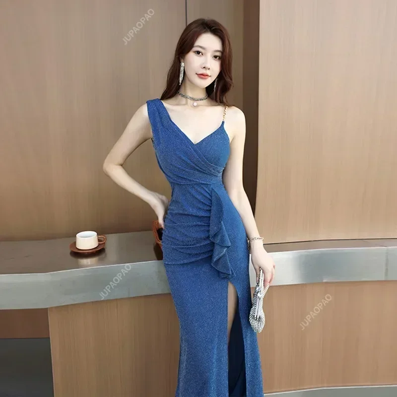 New Sexy Slim Fit Evening Gown Luxury Dress Women's Backless V-neck Camisole Long Dress Hotel Front Desk Workwear Banquet Dress