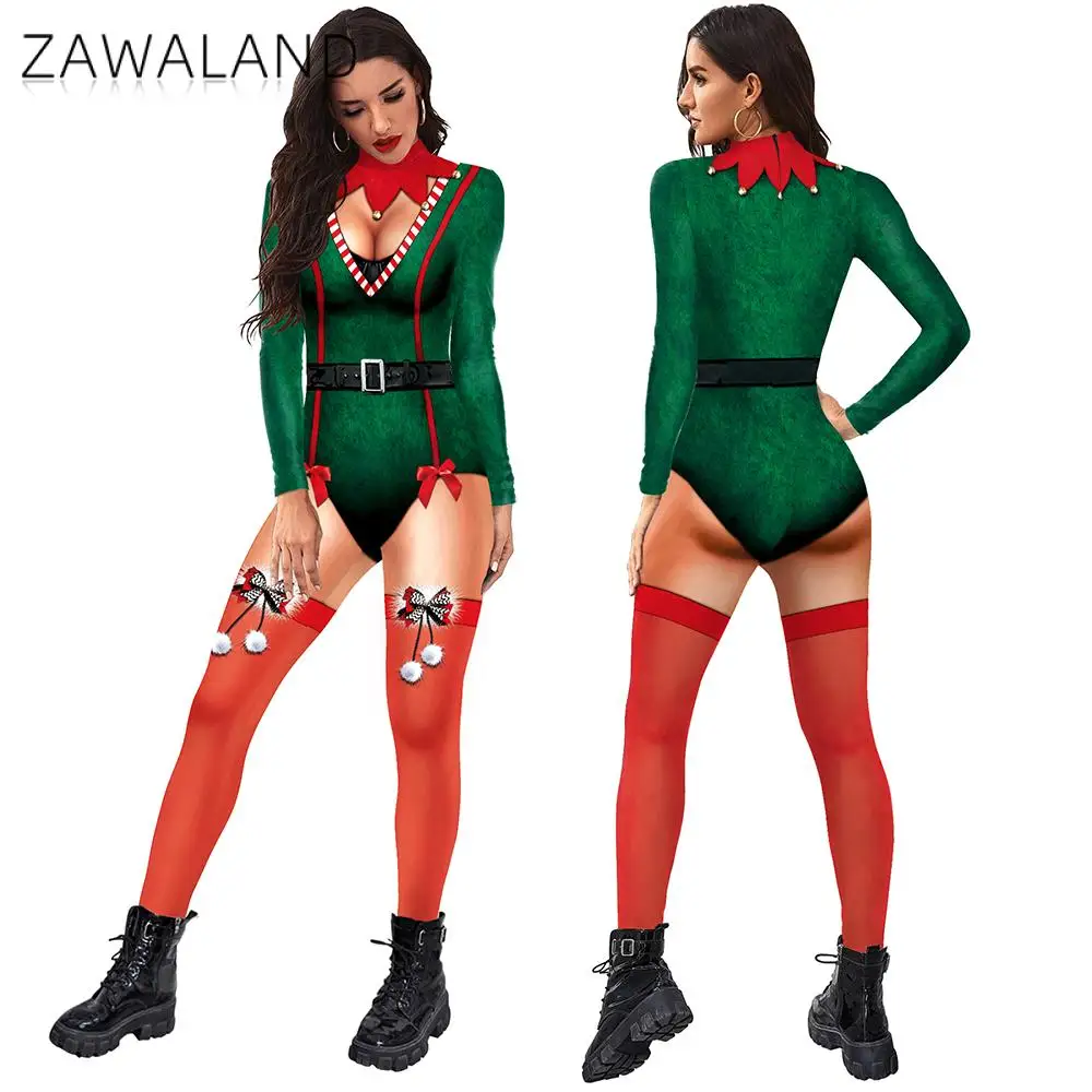 Zawaland Christmas manica lunga Festival Party Performance Costume stampato in 3D Zentai Cosplay Zipper Spandex Catsuit body