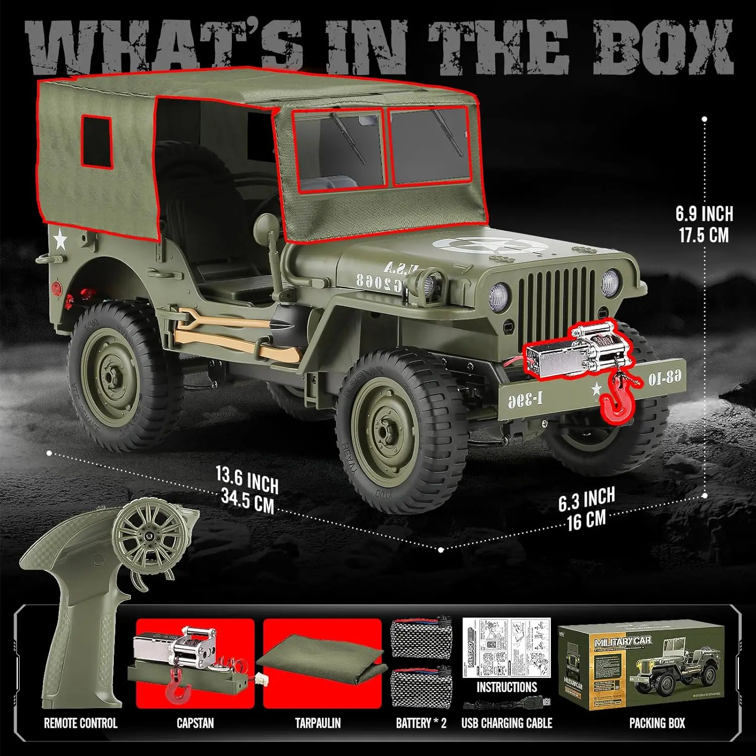 1/10 Scale Remote Control 4WD Off-Road Military SUV, Alloy Frame Chassis RC Truck, Army Vehicle with Winch and Capstan, Opening Hood and Folding Windshield, 2 Batteries Included