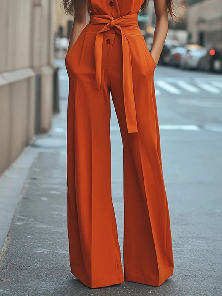 

UOOZEE Sleeveless Tied Waist Jumpsuits for Women Fashion High Waist Buttoned Pockets Urban Office Lady Casual One-piece Outfits