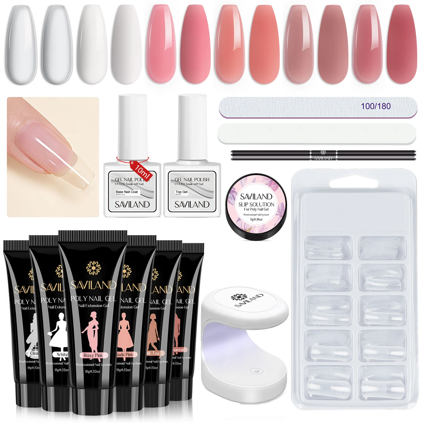 مجموعة أدوات أظافر جل بولي من سافيلاند مع مجموعة أدوات تشغيل مصباح الأشعة فوق البنفسجية علاج سريع بدون رفع جل أرجواني وردي مع أطراف أظافر للمبتدئين في صالونات التجميل المنزلية