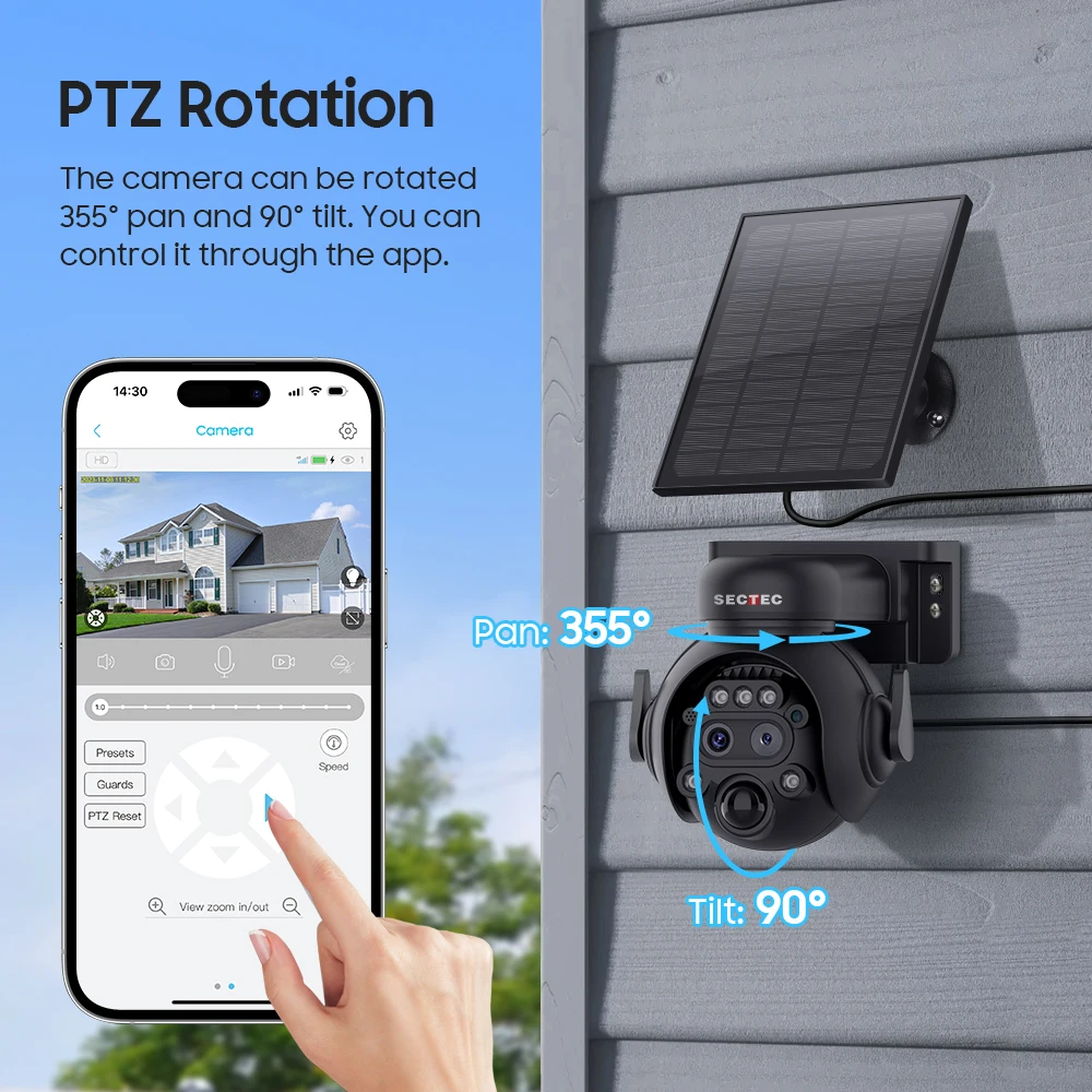 SECTEC Outdoor Surveillance Camera 4G 8MP WIFI  Solar Powered Security Camera with 12X Zoom Night Vision PIR Human Detection