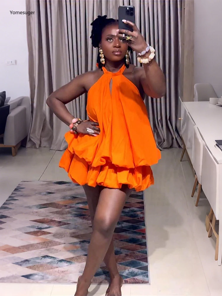 Yomesugar sexy halter sem costas vestido feminino hipster y2k oco bolha sem mangas dupla camada férias de verão meia-noite clubwear