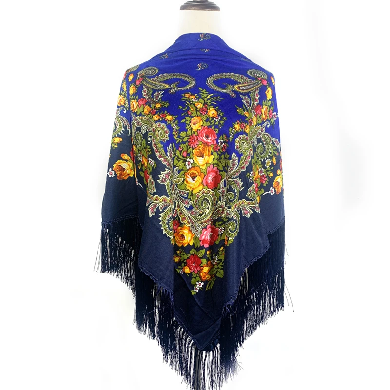 135*135cm Russian National Scarf Women Fringed Big Square Shawl Luxury Floral Print Bandana Handkerchief Sunshade Travel Scarves