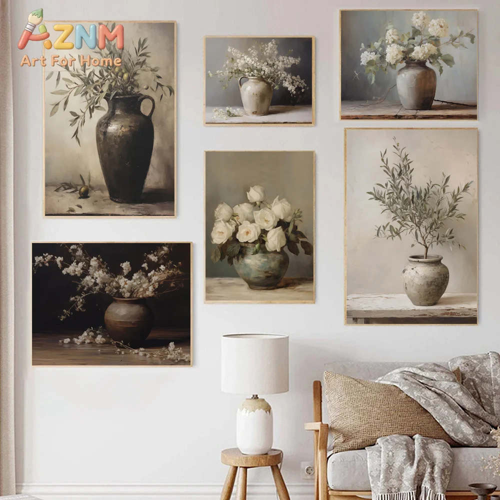 AZNM Vintage Still Life Canvas Wall Art Neutral Flower Vase Hydrangea Rose Oil Painting Rustic Floral Picture Unframed Canvas Ho