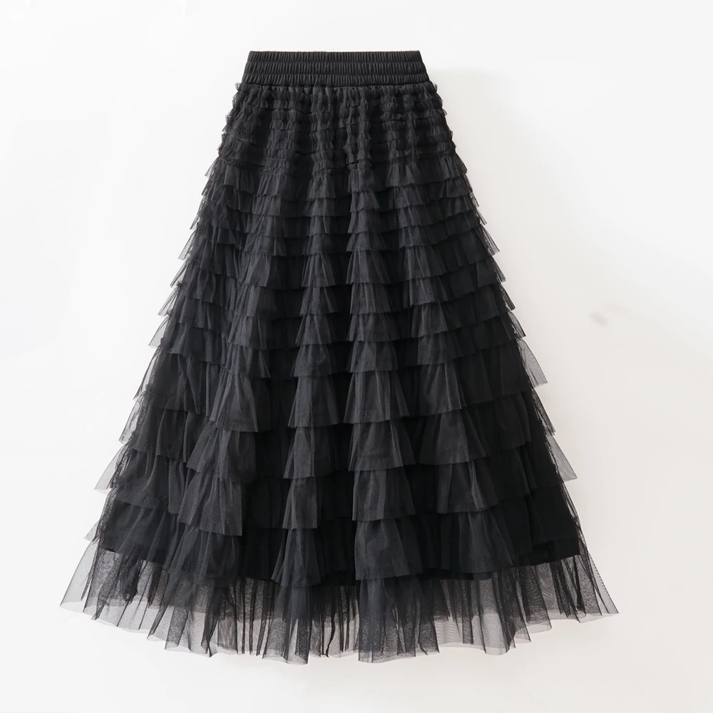 

Tutu Cake Skirts Women Elegant Cascading Ruffles A Line Long Skirts Female Casual Elastic Waist Party Lace Skirt Black Skirt