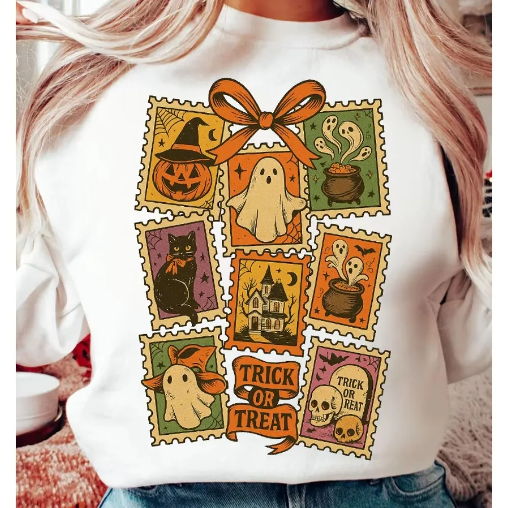 Halloween Stamp Collage Graphic T Shirt Women Trick Or Treat Ghost Pumpkin Short Sleeve Crew Neck Casual Holiday Top