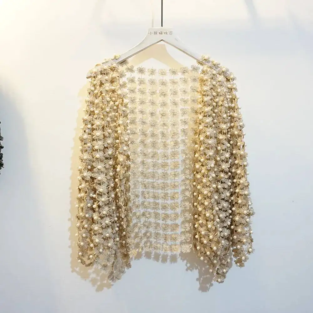 

Women Beads Coat Style Women Perspective Shawl Fashion Hollow Out Lace Boleros Short Sleeve Coats Jackets Femal