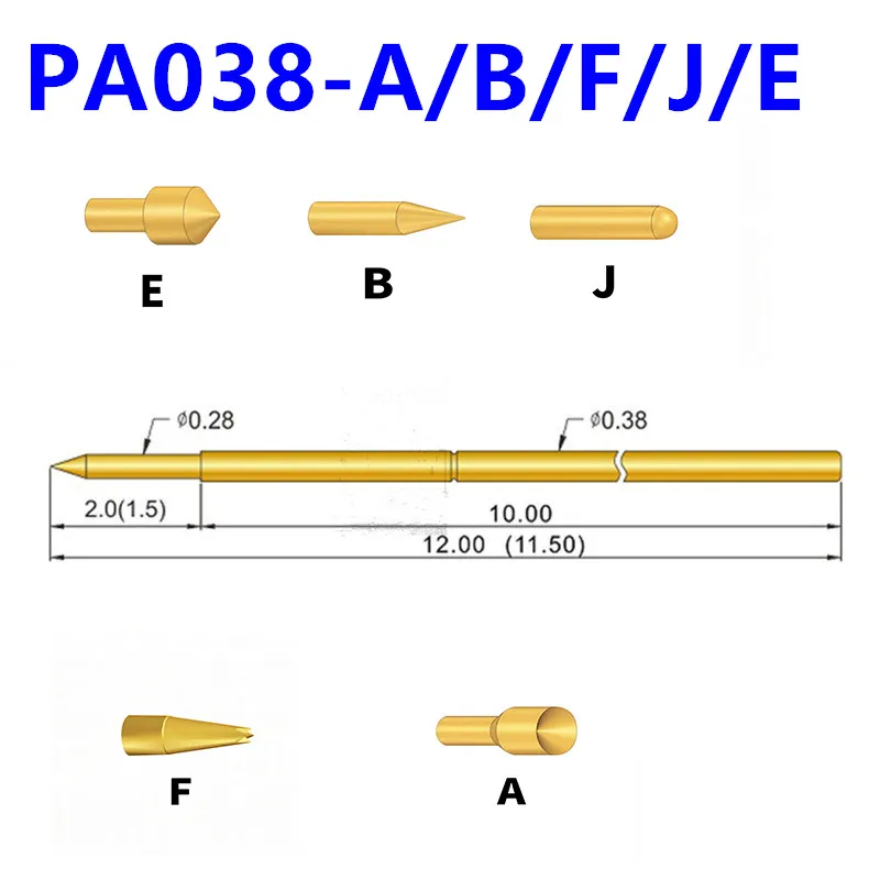 

100PCS/box PA038-A/B/E/J/F Spring Test Needle Outer Diameter 0.38mm Length 12mm PCB Pogo Pin