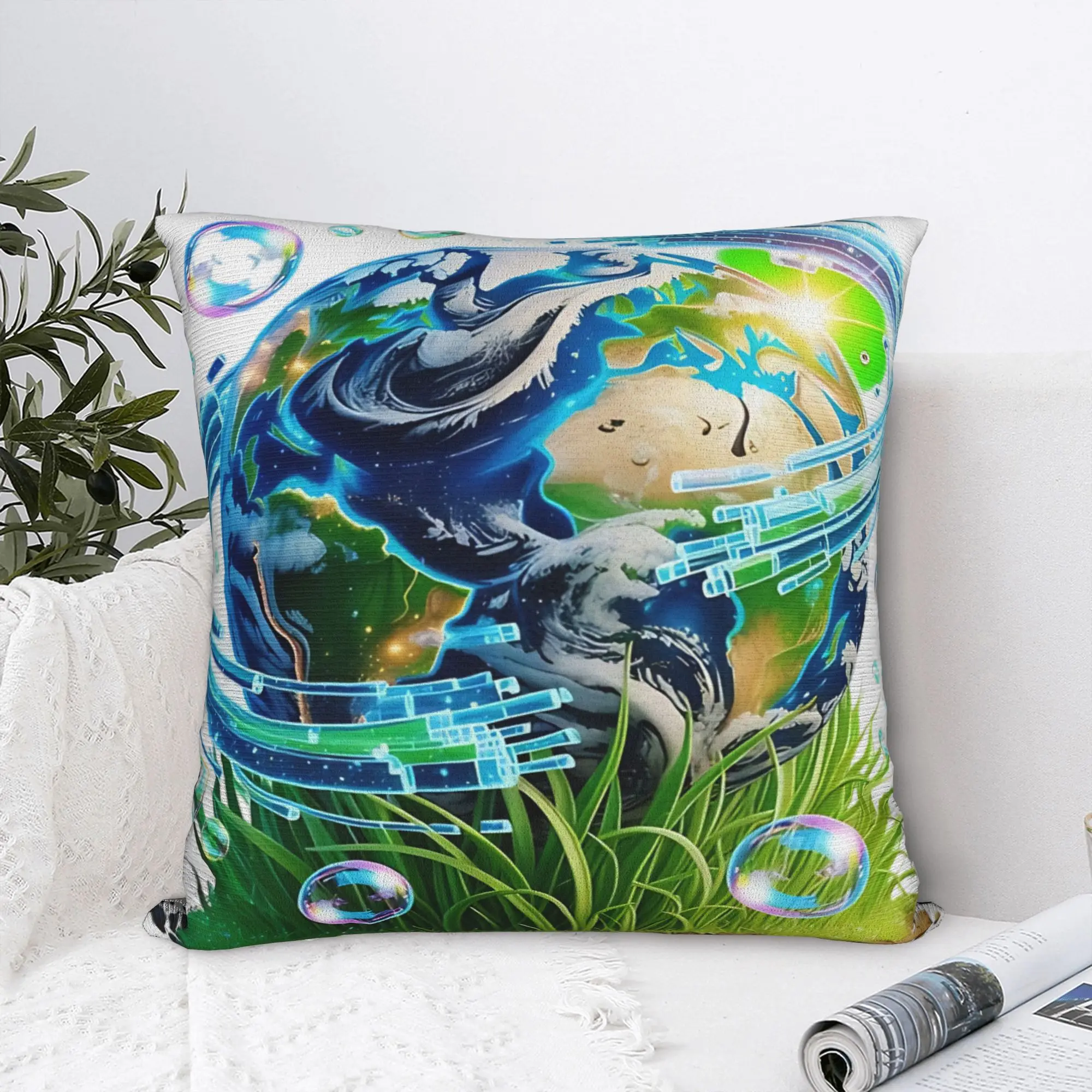 Glossy Eco Tech Globe Aesthetic  Square Pillow Cases Frutiger Aero Cushion Cover Zipper Decorative Pillowcase for Sofa 40*40cm