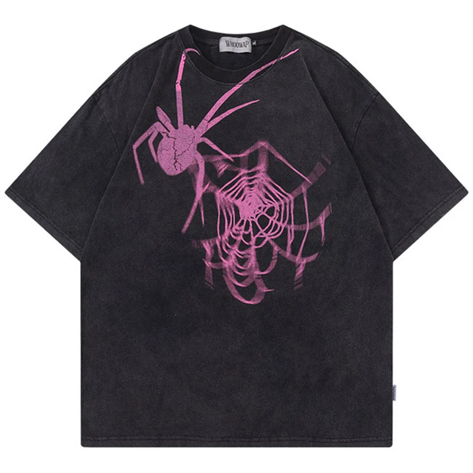 Boys' oversized Harajuku spider print T-shirt, street hip-hop style, Y2K style top, loose summer short-sleeve T-shirt