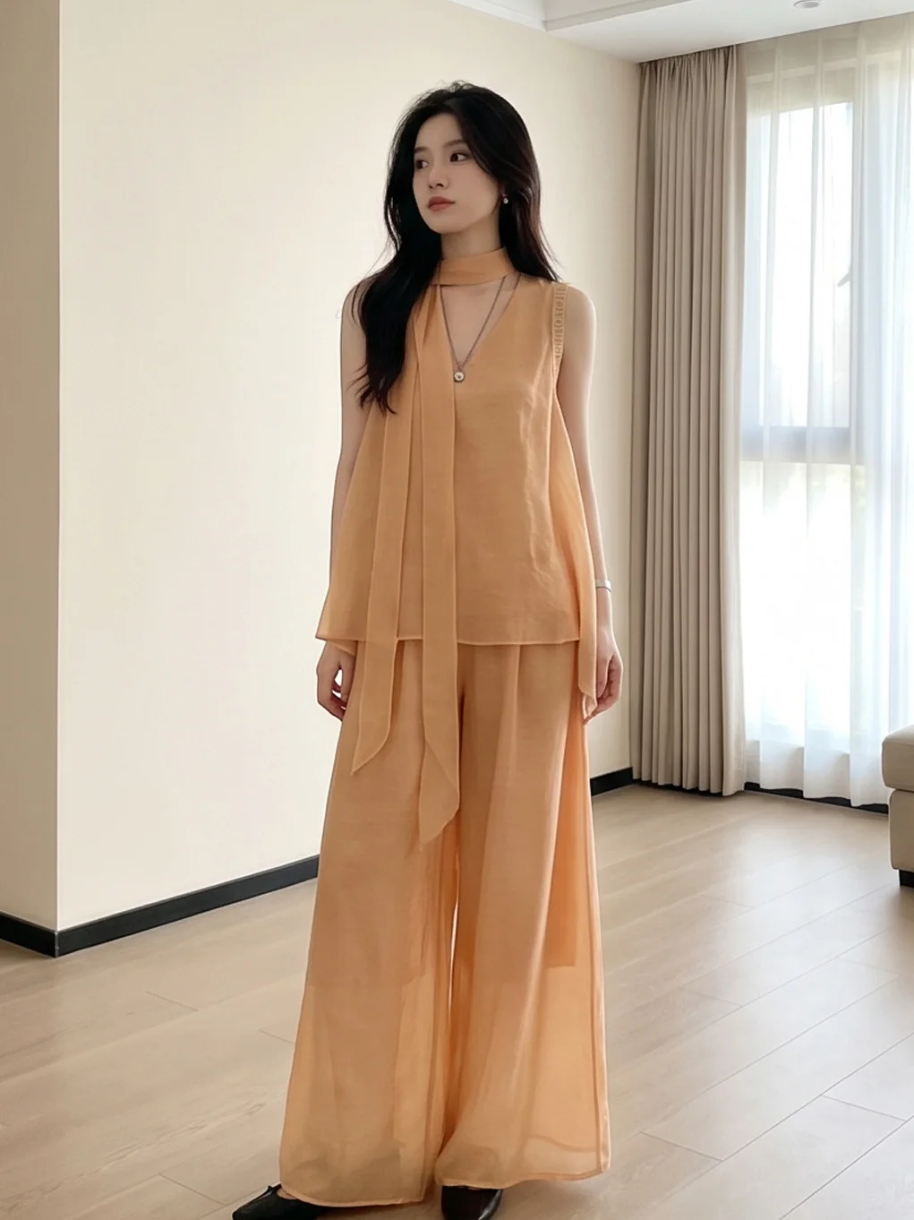 Summer New Lazy Style Orange Vest Top And Wide Leg Pants Women's Two-Piece Set Casual Comfortable Fashionable Polyester Fiber